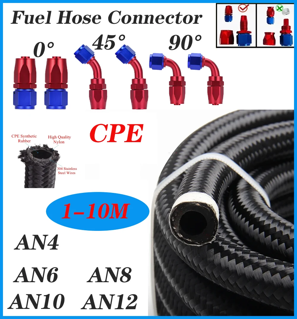 

1-10M AN4 AN6 AN8 AN10 AN12 E85 Tube Black Nylon Stainless Steel Braided CPE Car Fuel Line Fittings Kit 6pcs Swivel Hose Ends