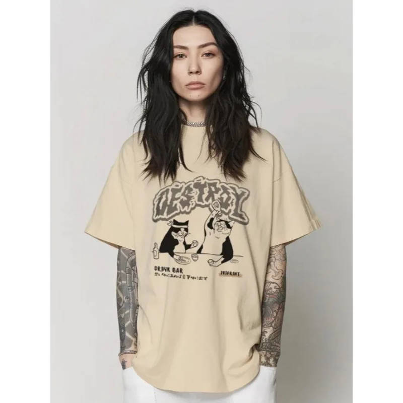 Grunge Retro Bar Cheers Cat Cartoon Print Tee Gothic Graffiti Font Japanese Slogan Loose 100% Cotton Streetwear Casual T-shirts