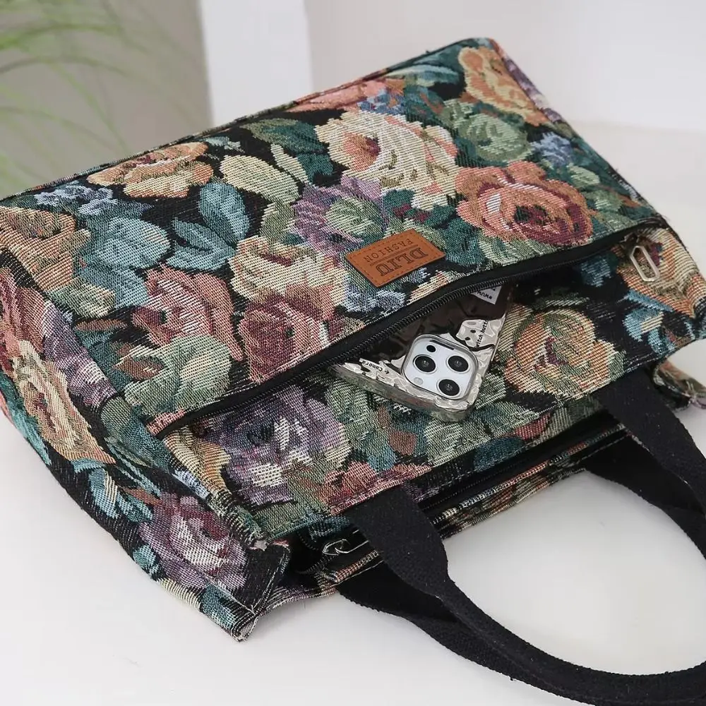 Tragbare Damen-Tragetasche mit Blumenmuster, verdickte Canvas-Lunch-Tasche mit Reißverschluss, große Jacquard-Handtasche – Detail 2