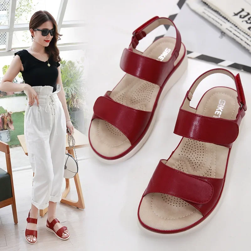 SIKETU Brand Summer Fashion Women Flat Heel Classic Sandals Buckle Hook Loop Simple Wedge Shoes Mid Heel Soft Comfort Footbed 41