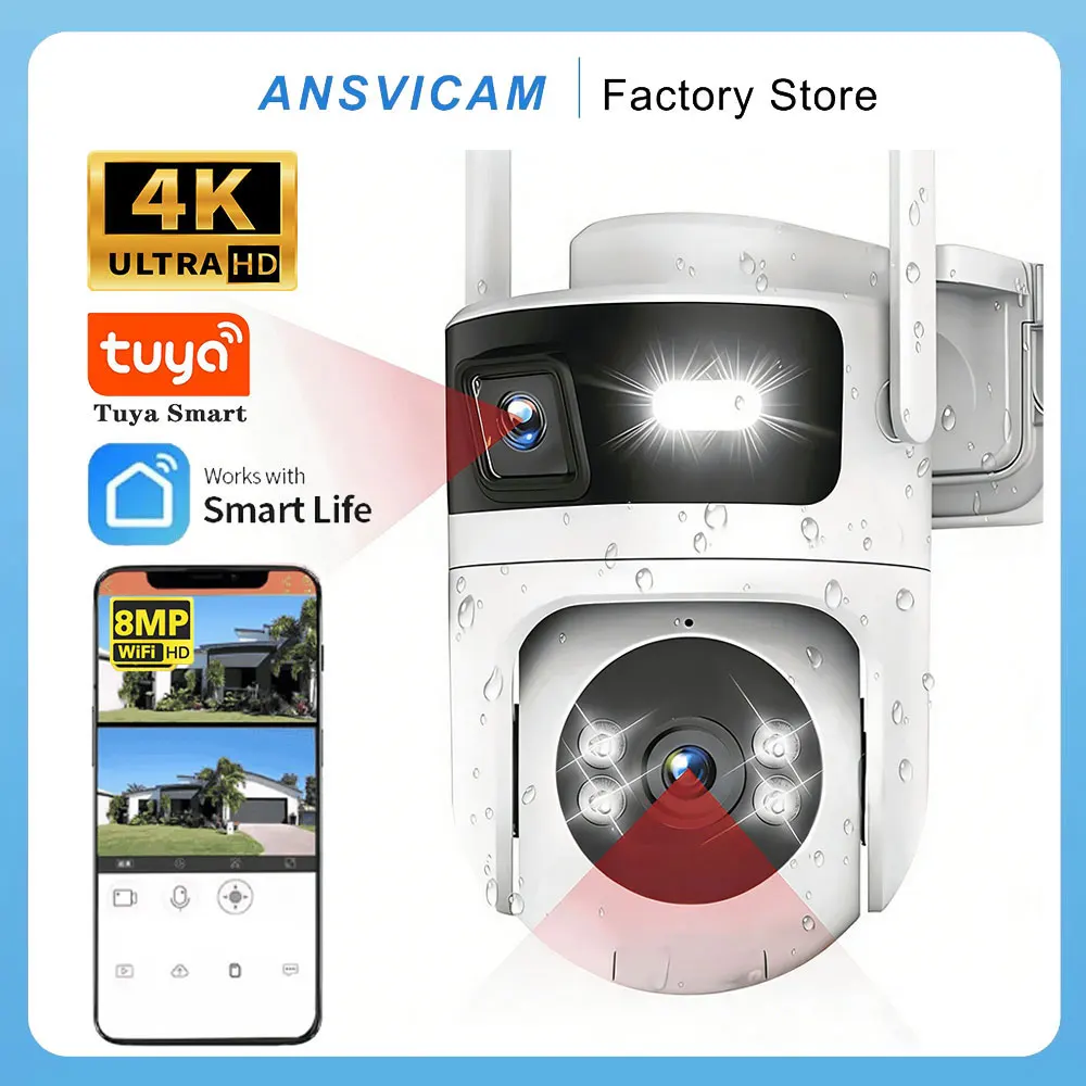 

Уличная Wi-Fi PTZ-камера ANSVICAM Tuya 4K 8MP с двумя объективами и двумя экранами, водонепроницаемая, с цветным ночным видением, IP-камера видеонаблюдения