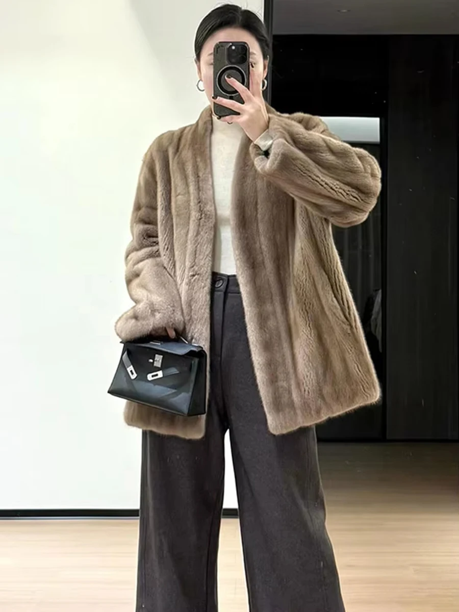 2026 Autumn Winter Women Faux Mink Fur Coat Lapel Collar Open Front Mid Length Fluffy Jacket with Pockets