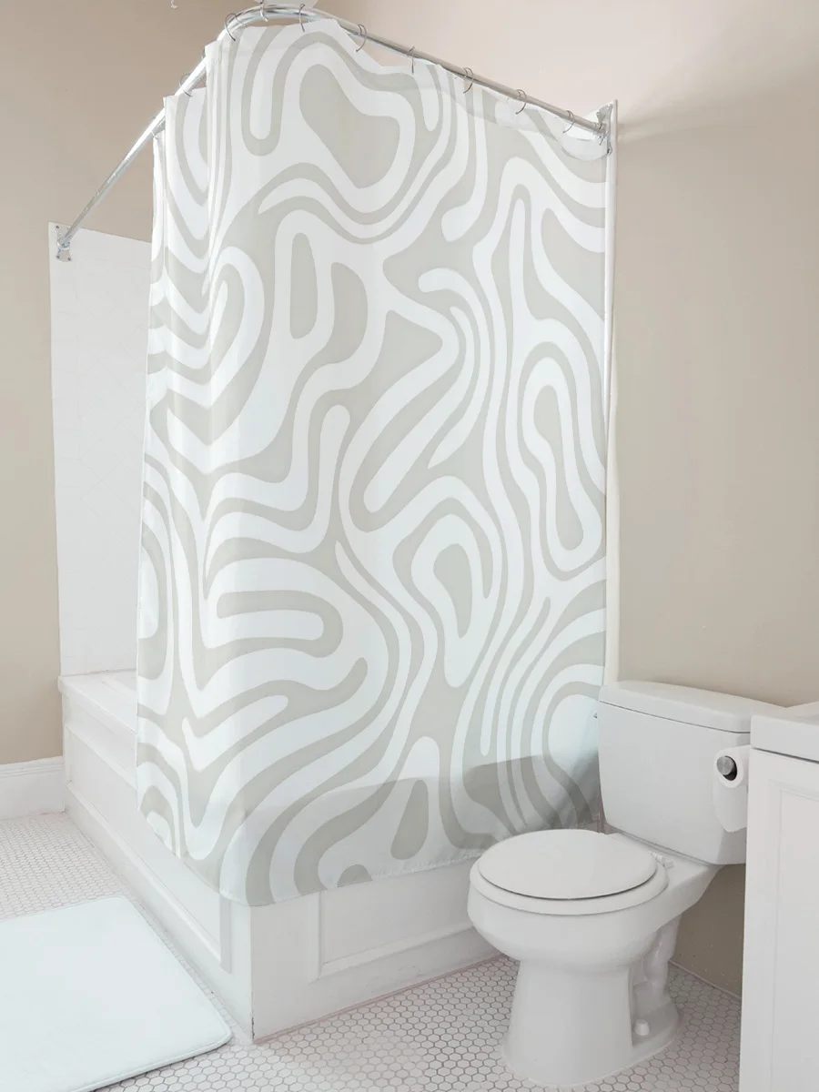 Elegant Minimalist Swirls Design Waterproof Shower Curtain Fabric for Bathroom Enclosure White Beige Home Decor Solution