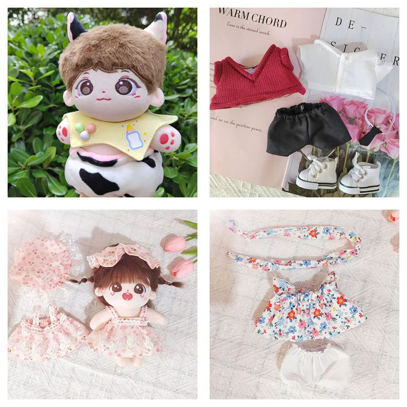 

New 20cm Doll Clothes Floral Dress 20cm Star Doll Clothes Bread Pants Kids Stuffed Cotton Doll Tie Canvas Shoes DIY Toy