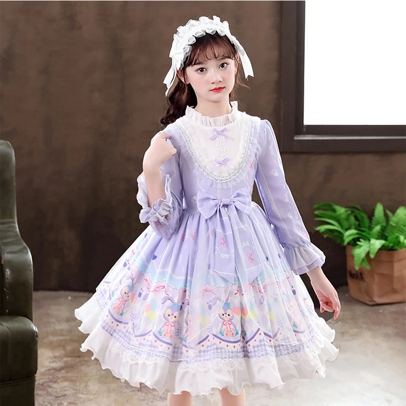 Lolita Style Girls Dress Net Yarn Splicing Cartoon Rabbit Print Bow Decorate Long Sleeve Party Princess Dress For 4-12Y Kids