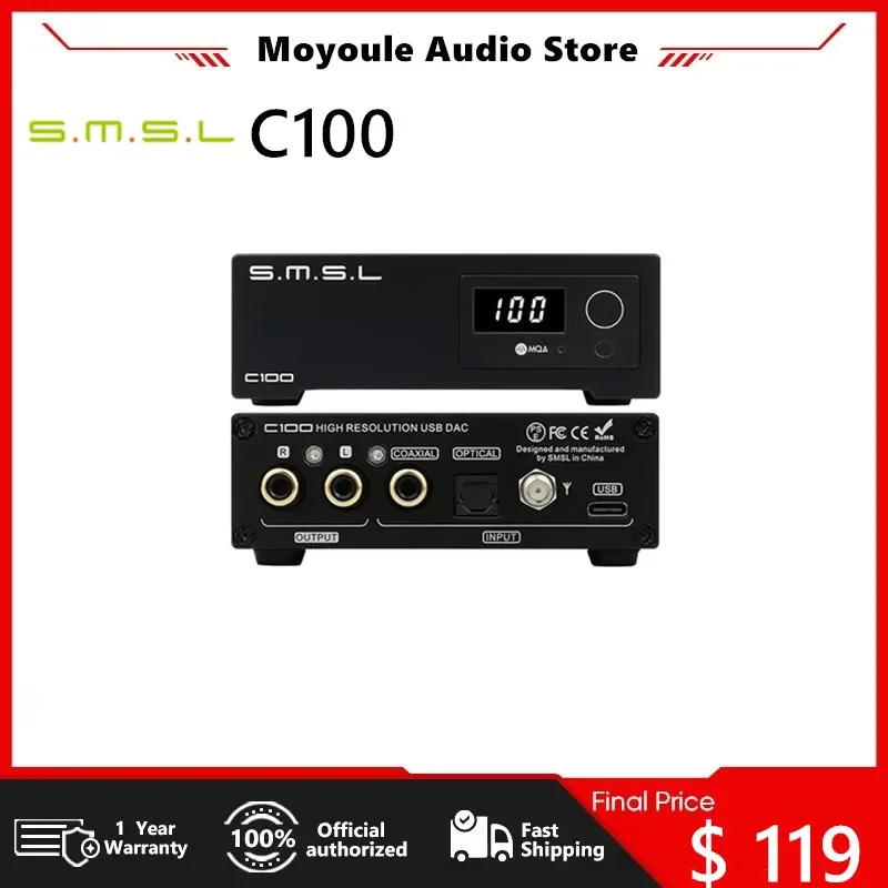 

SMSL C100 USB MQA DAC AK4493S XMOS XU316 DSD512 32Bit 768KHZ CK-03 Clock Optical Coaxial Bluetooth Decoder With Remote Control