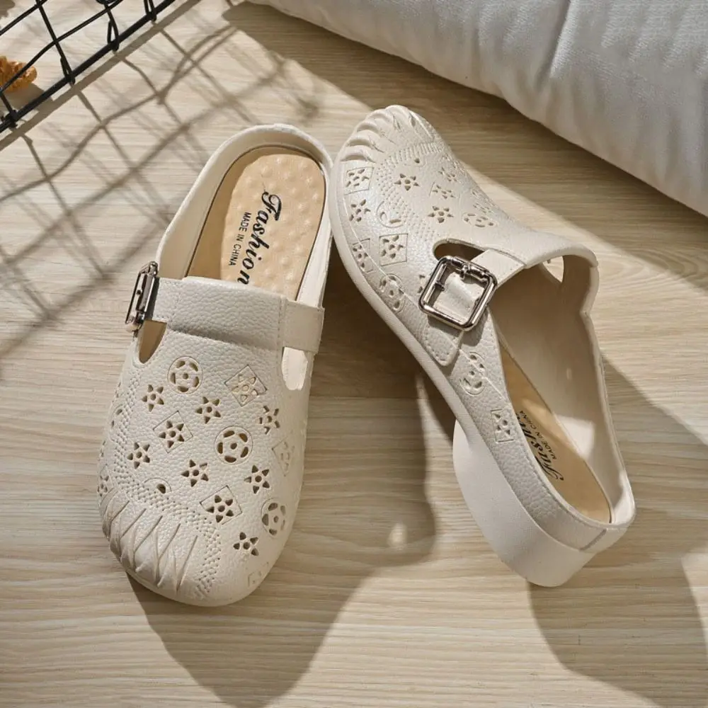 شباشب نسائية بسيطة ناعمة من مادة PVC، صنادل نصف سحب على شكل زهرة مجوفة، أحذية مضادة للانزلاق، شباشب مسطحة للشاطئ للفتيات #2