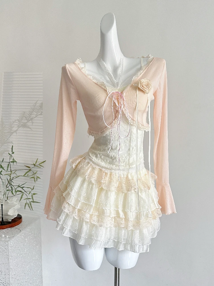 2025 Japanese Cute Pink Sweet 3 Piece Set Women Lace Smock+Slip Halter Vest+Elastic Waist Cake Skirt Casual Original Design Suit