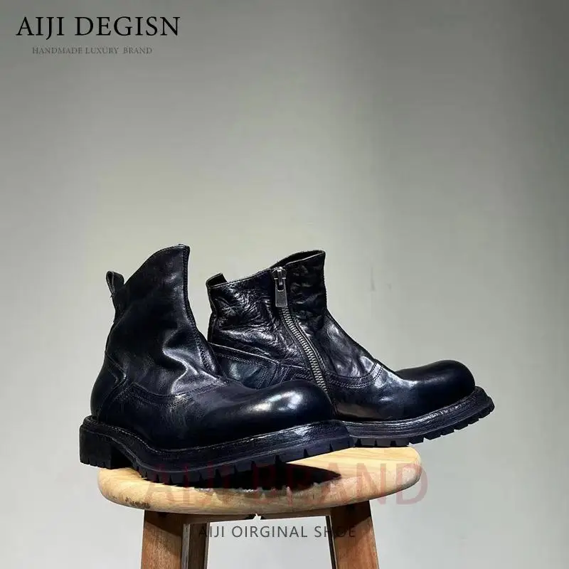 

Genuine Leather Thick Sole Non-slip Wear-resistant Work Ankle Boots Handmade Vintage Cowhide Casual Motorcycle Boots Men Shoes