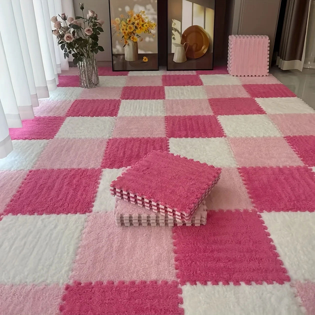 

30pcs Non-Slip Interlocking Plush Carpet Tiles for Bedroom, Living Room, Study, Playroom, and Rental Home Renovation,