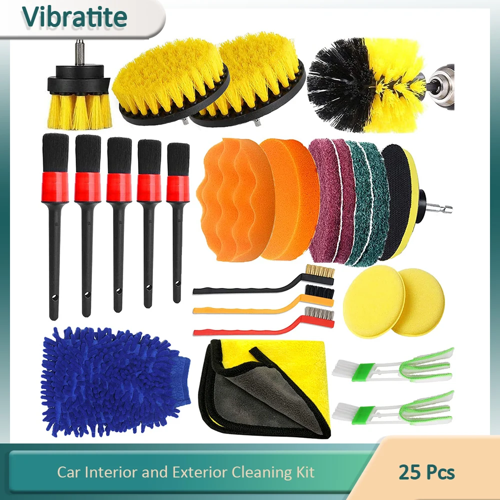 25Pcs Car Detailing Kit, Auto Cleaning Brush Set Includes Brush, Boar Hair Detail Brush, Wire Brush, Air Conditioner Brush