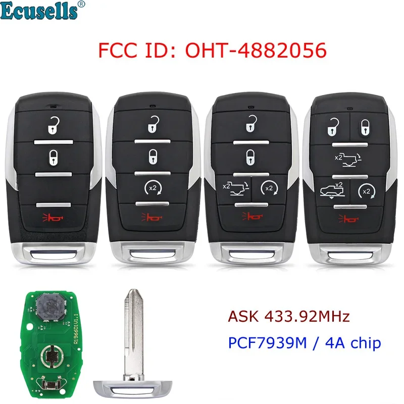 3/4/5/6B Smart Prox Remote Key 433.92Mhz PCF7939M / HITAG AES / 4A Chip FCC ID: OHT-4882056 for Dodge Ram 1500 Pickup 2019 2020