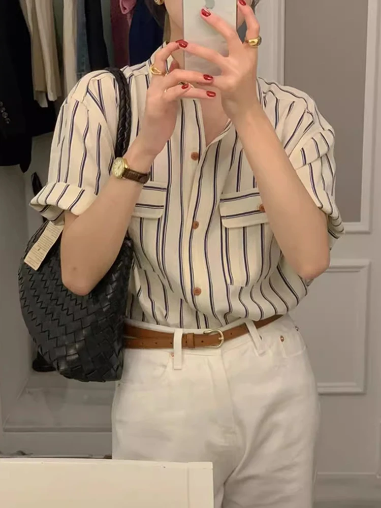 คลาสสิกเก๋ฤดูร้อน Vintage ort Sve หลวม Fit ปุ่มผู้หญิง irt Retro ลาย ket อเนกประสงค์ Casual Busin Sle