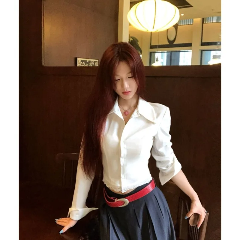 MiiiiX French Polo Collar Lace Splicing Long-sleeved Shirt Women's Blouse Sexy Design Slim Crop Top 2024 Autumn Female Clothes