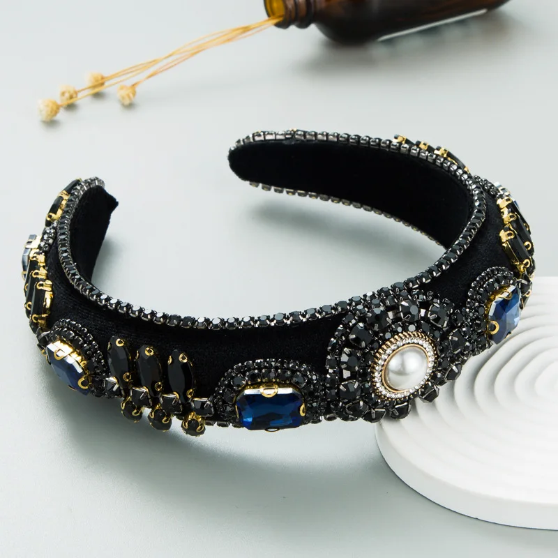 Retro headband fashion style diamond inlaid heavy industry hair accessories women's wide edge face washing sponge headband