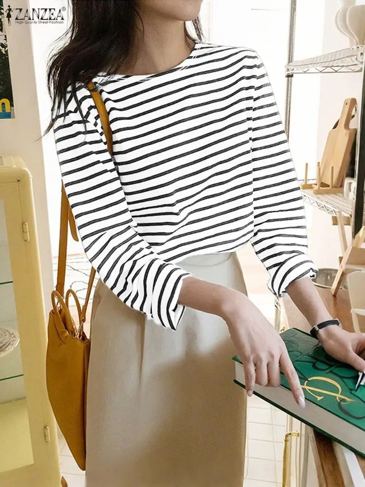 2025 outono blusa zanzea feminino o pescoço manga longa topos listra túnica elegante camisa de trabalho oversize chemise casual solto pulôver