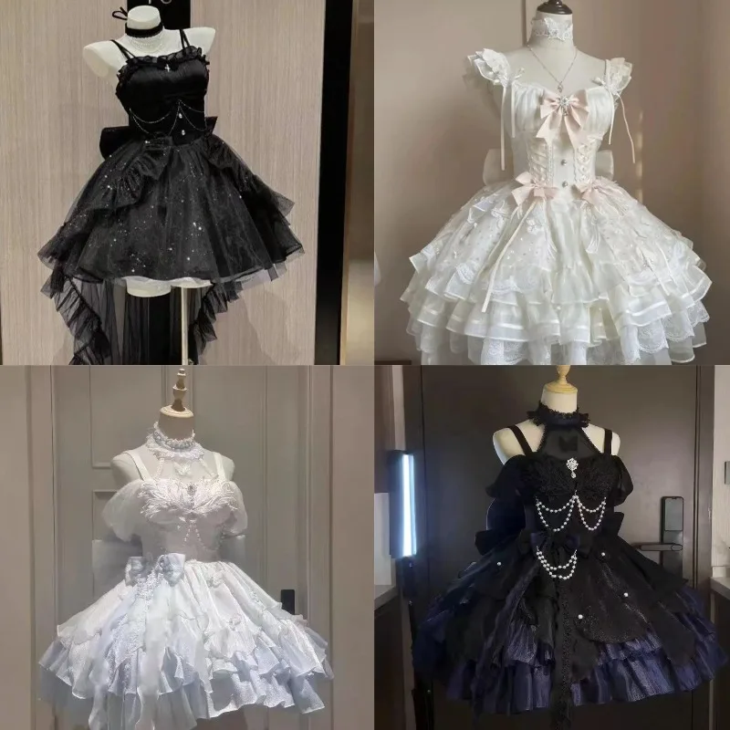 Sweet Lolita JSK Dress Women Lace Ruffle Tiered Skirt Butterfly Bow Decor Vintage Princess Tea Party Kawaii Gothic Dress