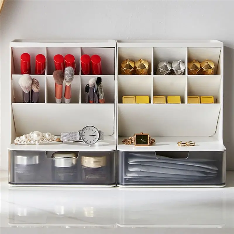 B84B 6+1 Drawer Desktop Storage Box Plastic Pencil Makeup Organizer for School Office Supplies Pink 13.7x18x23.5cm