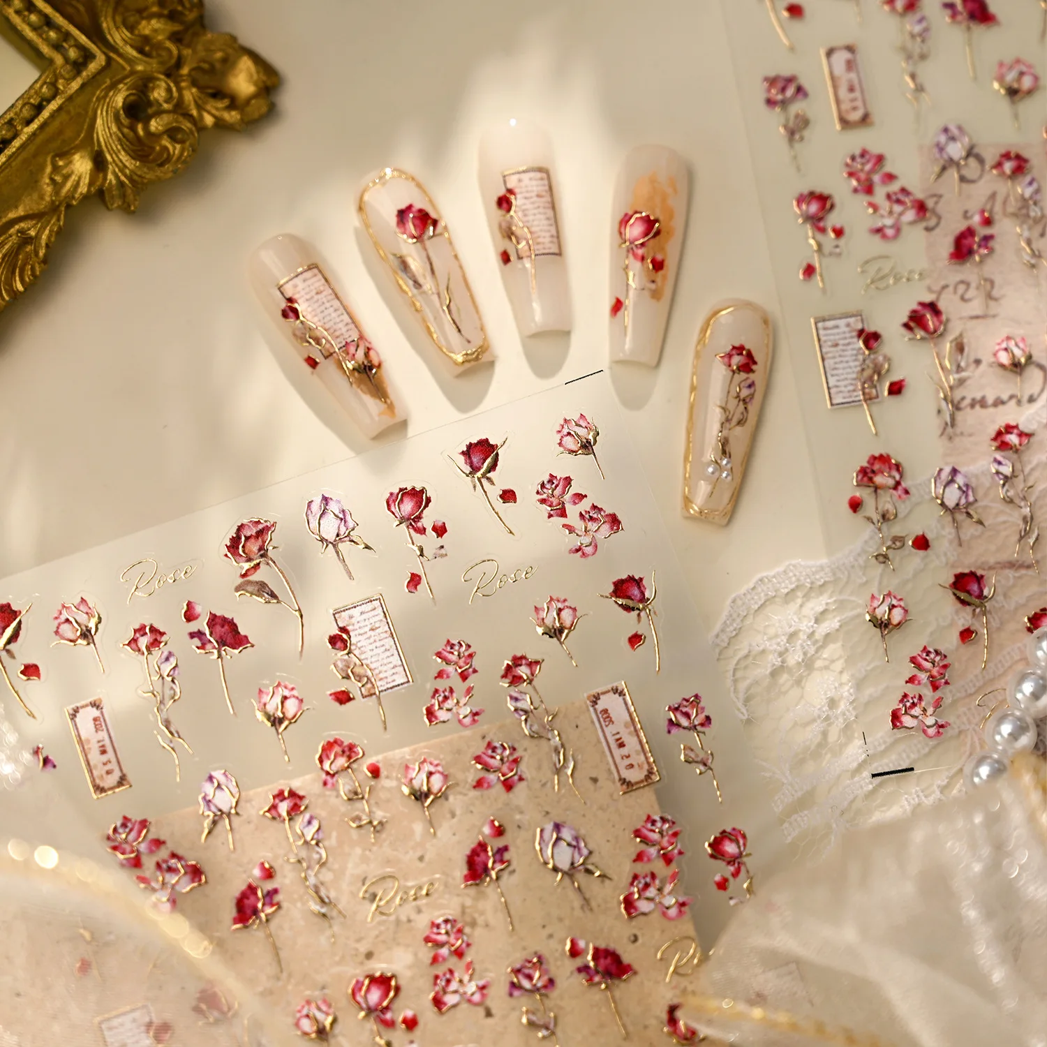 Exquisite Rose Branch Twig Red Petal Blossoms Letter Writing Square Patch Single Flower Adhesive Nail Art Sticker Manicure Decal