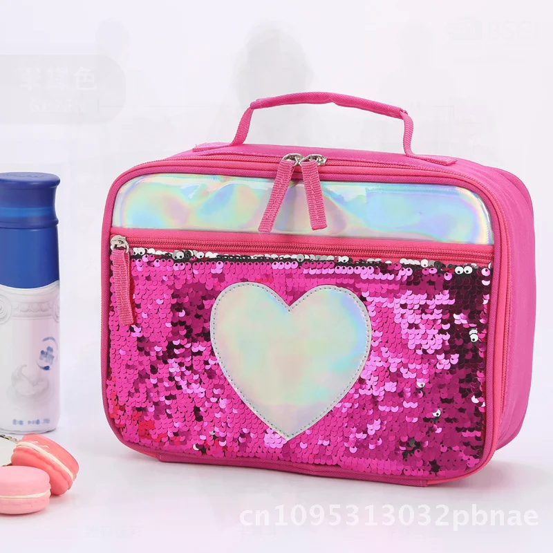 

Sequin Insulation Bag for Children Portable Lunch Box Polyester Aluminum Foil Fresh-Keeping Meal Bag in Red Blue Purple Pink