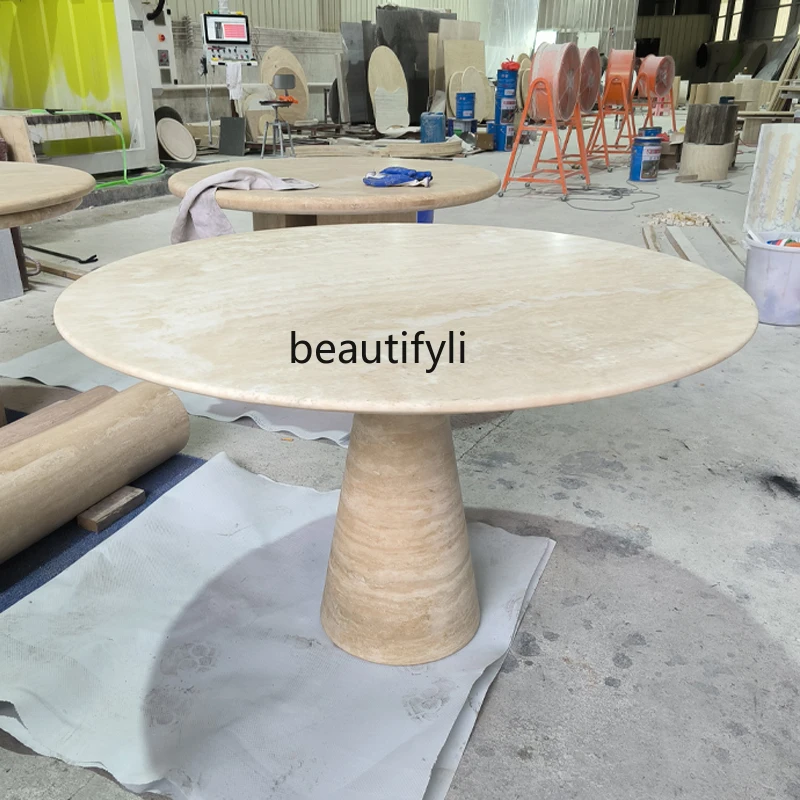 

Medieval style natural marble dining table hotel wabi-sabi round cone travertine wabi-sabi