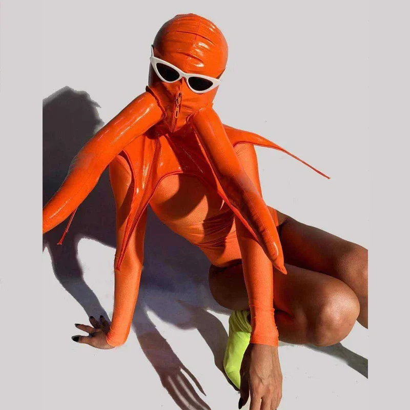 أنثى البرتقال ارتداءها الهذيان اكسسوارات أغطية الرأس ملهى ليلي DJ DS ارتداء أداء زي الأخطبوط الزي GOGO ملابس رقص