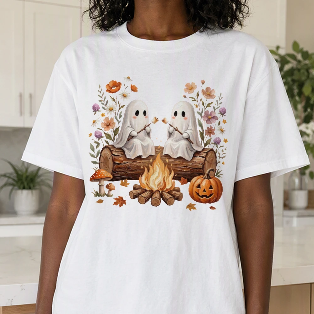Halloween Cute Ghost Campfire T Shirt Fall Pumpkin Floral Graphic Tee Cotton Short Sleeve Loose Fit Women Men Spooky Casual Tops
