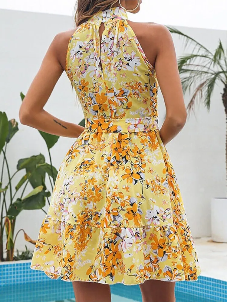 Beach Print Dress Lady Fashion Sleeveless Stand Neck High Waist Lace-up Mini Loose Dresses For Women Boho Holiday Y2k Clothes