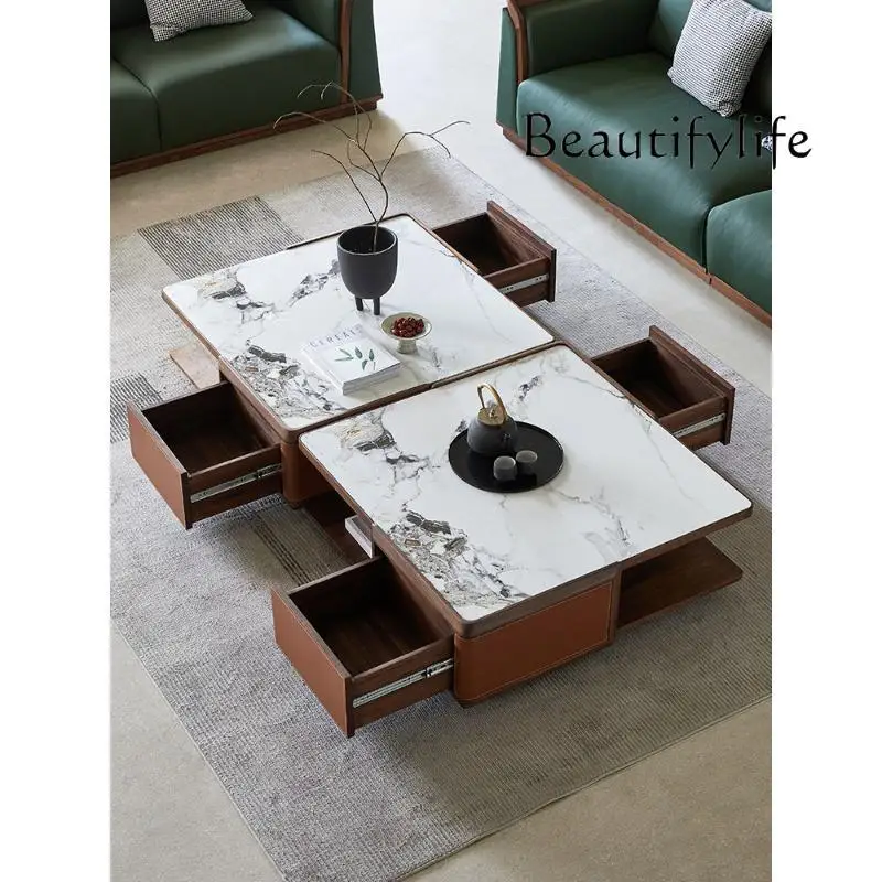 North America Black Walnut Stone Plate Coffee Table Italian Minimalist Solid Wood Tea Table Household Light Luxury Table