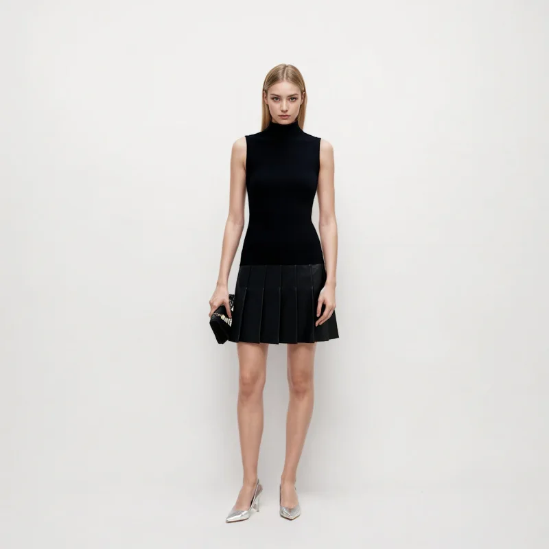 

Hot Selling New Spring and Summer Black Mid-high Neck Sleeveless Scalp Skirt Paneled Pleated Knit Dress High Temperament Elegant