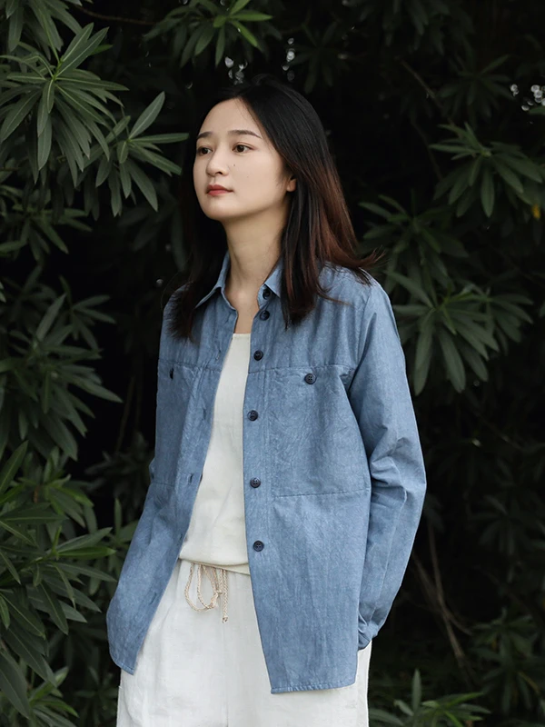 

Blue Silk Cotton Casual irt Women's Long Sve Simple Korean Sle Autumn New Arrival Versatile Loose Fit Collar