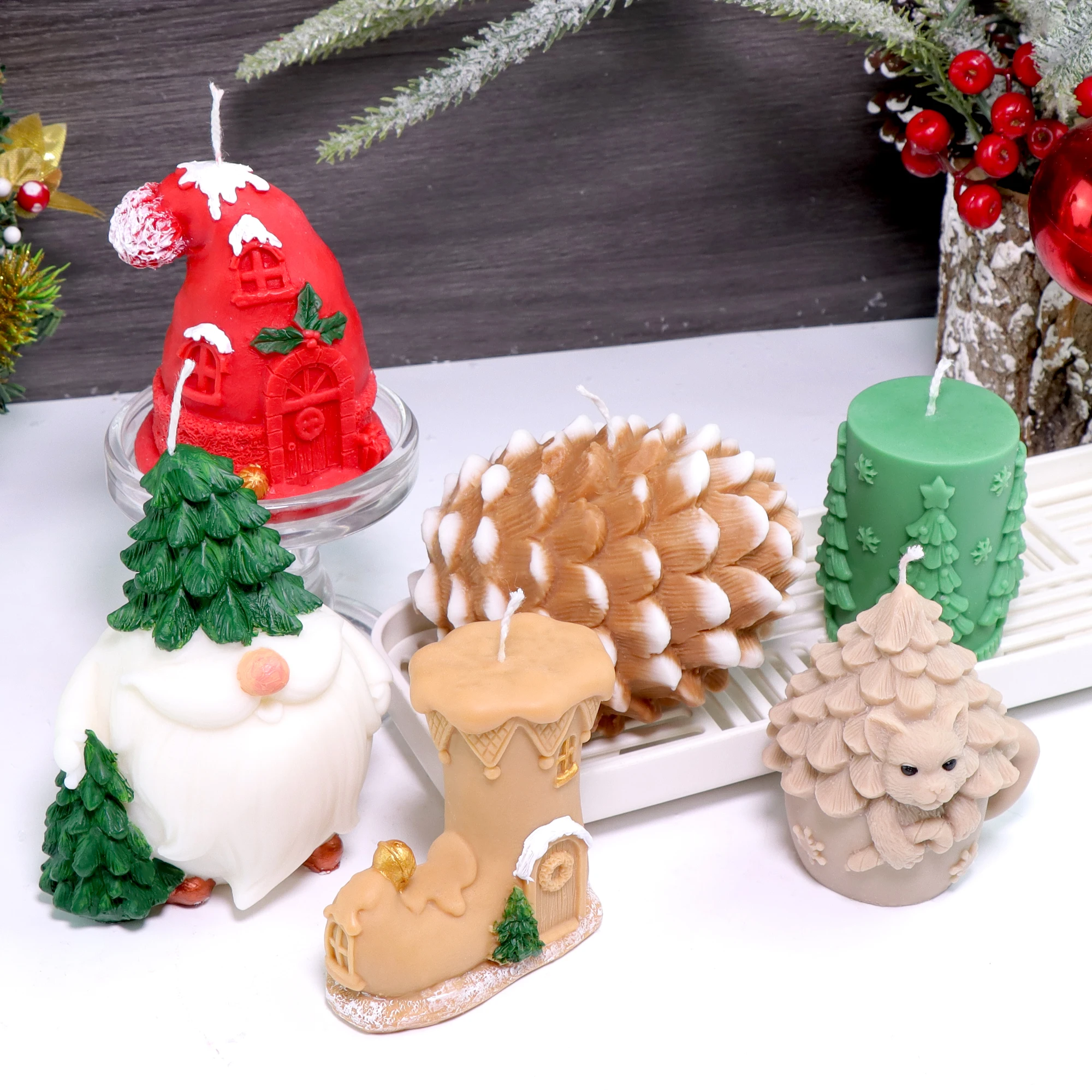 ​ 3D Weihnachtsbaum Elf Silikon Kerze Formen Weihnachten Stiefel Hut Weihnachten Haus Formen Tannenzapfen Weihnachten Schneeflocke Lebkuchenmann Form Weihnachten Geschenke