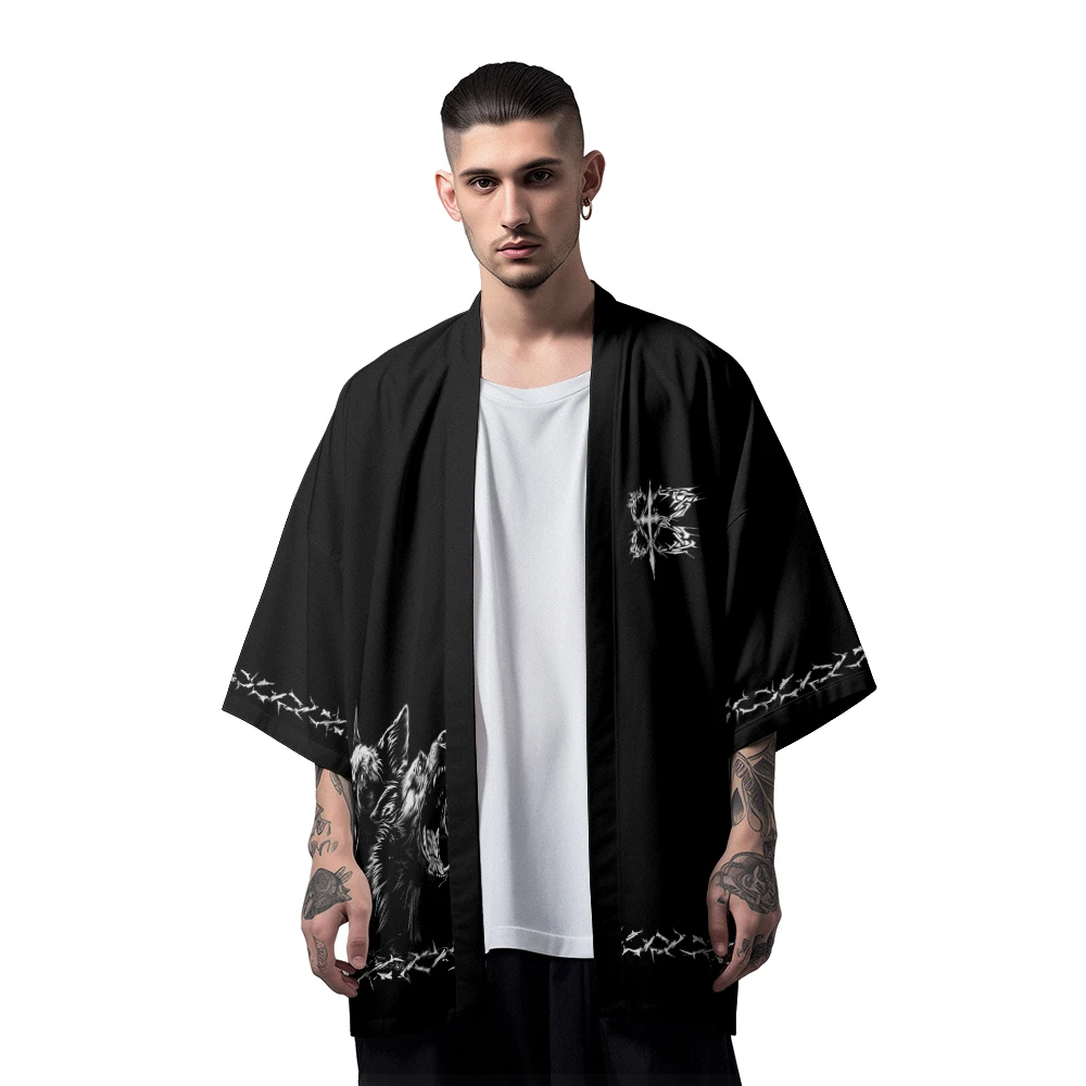 Classic Versatile Style Monster Bad Dog Feather Weave Do-rag Men's Country Fashion Design Do-rag Casual Kimono Men's Tops