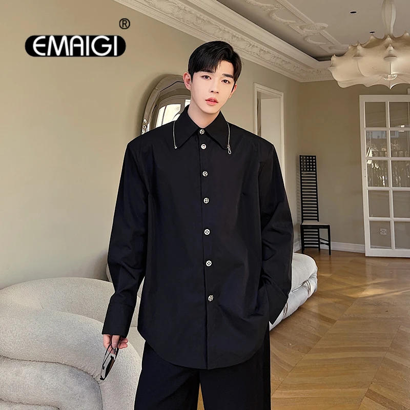 

Men Zipper Collar Long Sleeve Loose Casual Black Shirts Male Japan Korean Streetwear Fashion Hip Hop Party Dress Shirts Blouse