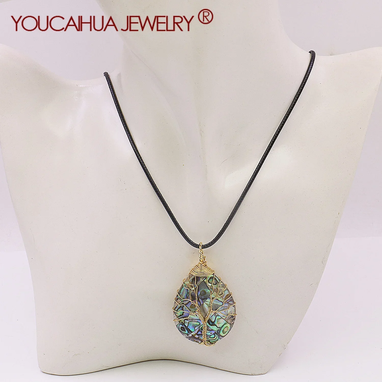 31x40mm Natural Multicolor Abalone Seashell Necklace Pendant,Water Drop Patchwork Pattern Tree of Life, Fashion Jewelry Gifts