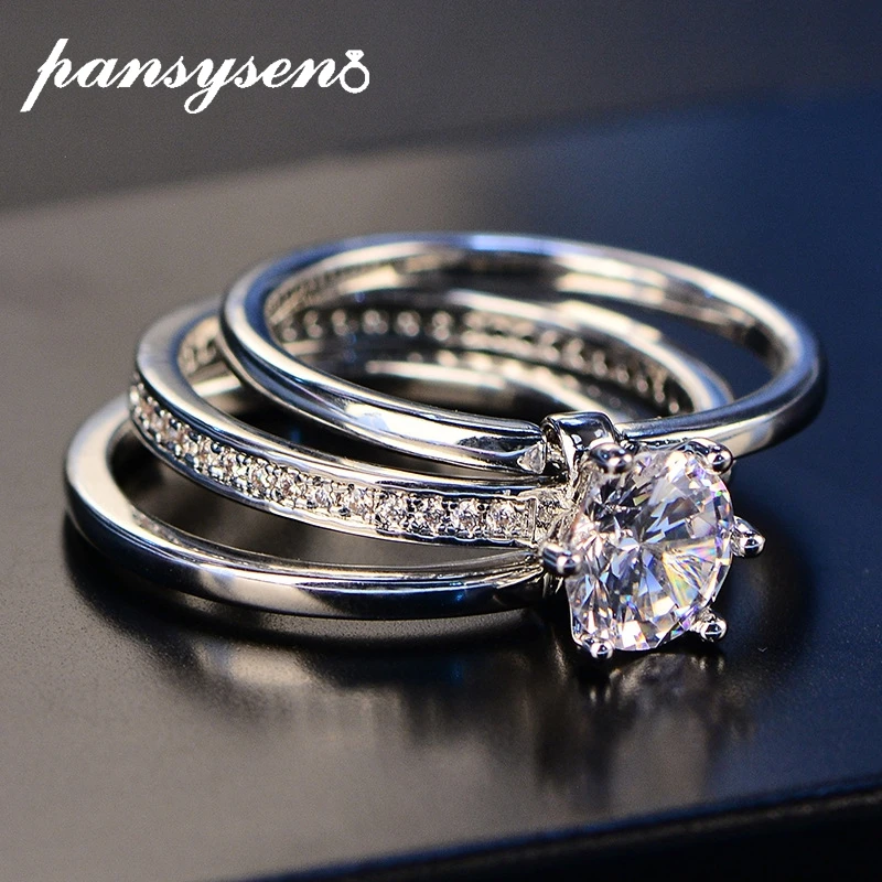 PANSYSEN 1CT D Color Moissanite Ring set for Woman 925 Sterling Sliver Plated 18k White Gold Wedding Band Engagement rings