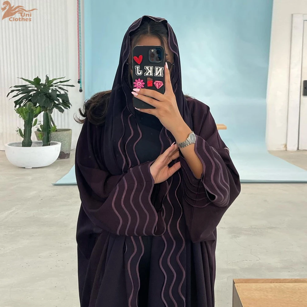 라마단 이드 이슬람 여성 그레이 블랙 Abaya 세트 두바이 이슬람 Kaftan Hijab 드레스 가운 중동 기모노 패션