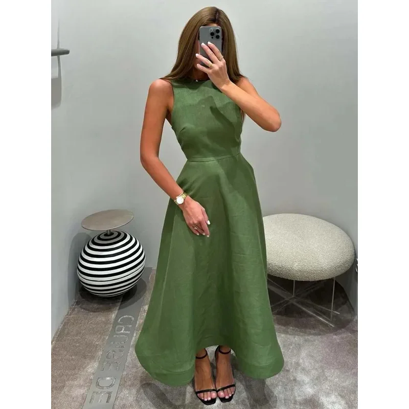 Bonny elegante abito da donna in cotone verde moda o-collo abiti senza maniche casual nuova vita alta a-line abiti a metà polpaccio femminile
