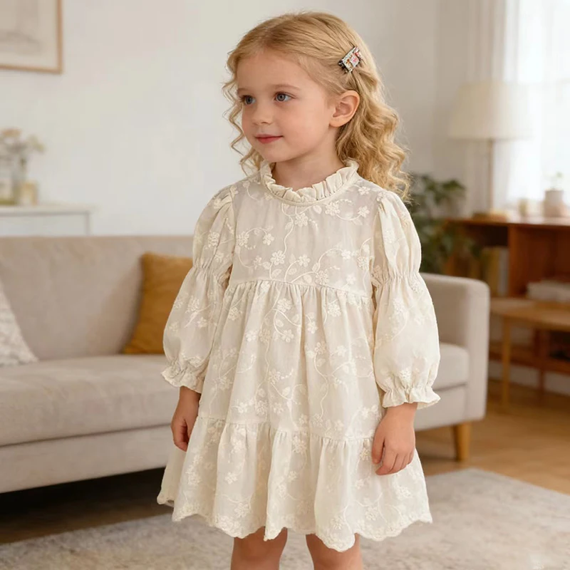 2026 neue Frühjahr 2-6Yrs Mädchen Party Kleid Kinder Prinzessin Umarmung Lange Ärmeln Kleid Stickerei Kleid Rundhals Baumwolle Baby Mädchen kleid