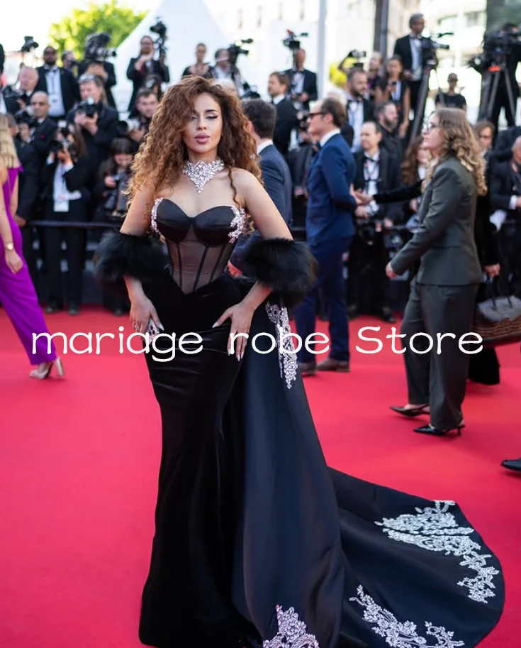 فساتين المشاهير طويلة حورية البحر باللون الأسود مع كيب التفاف قطعة العاج سباركلي زين كان السجادة الحمراء ثوب الزي حسب الطلب #1