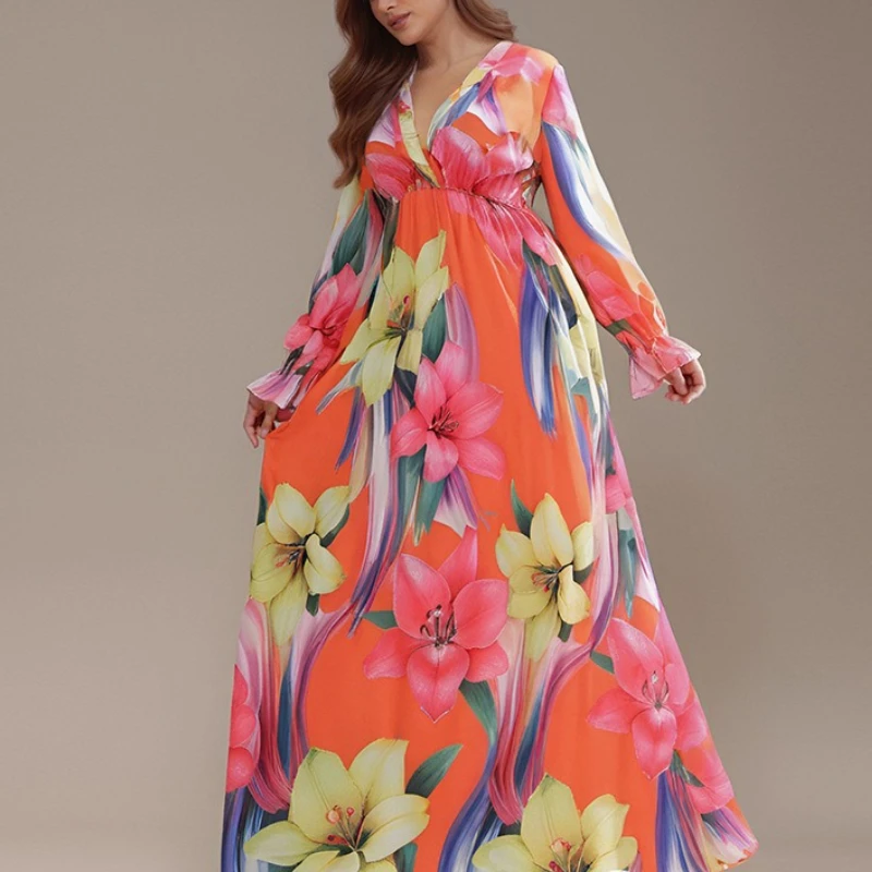 

Tinaa Plus Size Womens Dresses 2025 A-line Beach Print Flare Sleeve V Neck Large Size Elegant Party Long Dress Women Clothing