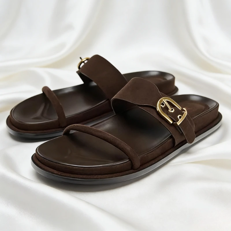 

Metal Buckle Decorated Brown Flat Sandals for Women Summer Suede Roman Sandals Comfortable Soft Soles Beach Casual Shoe Slippers