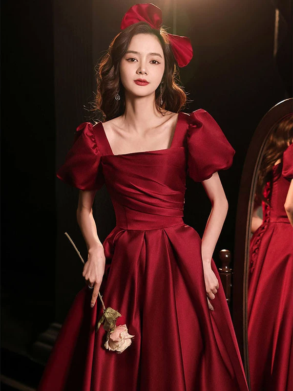 

Burgundy Female Qipao Toast Clothing Elegant Bow Square Neck Evening Party Dress Vintage Princess Puff Sleeve Prom Maxi Dress