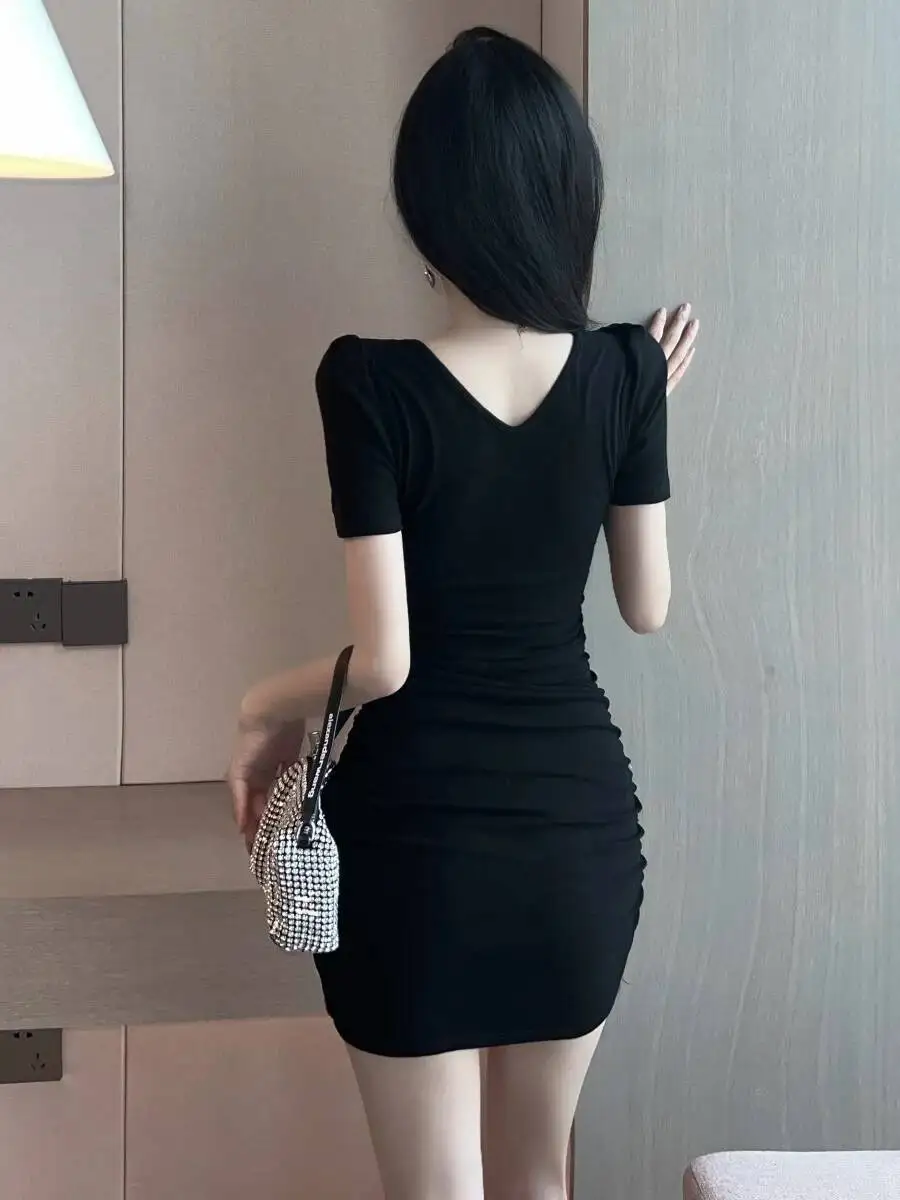 女性用Vネック半袖ワンピース,ラウンドドレス,胸の透かし彫り,無地,タイト,セクシー,ソフト,韓国スタイル,夏,0z89,新しい
