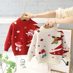 Boys and Girls Sweater Pullover Children's Baby Christmas Cartoon Red Knitting Shirt Fashionable