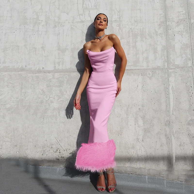 

Sexy Pure Color Blo Bridesmaid Dres High Waist Knitted Thiened No Sve Couples Matching Par Dres YJ25285