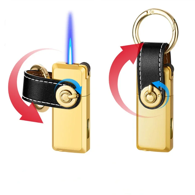 Metal Grinding Wheel Windproof Mini Keychain Lighter Blue Jet Flame Inflatable Butane Portable Lighter Men\'s Small Tools Gift