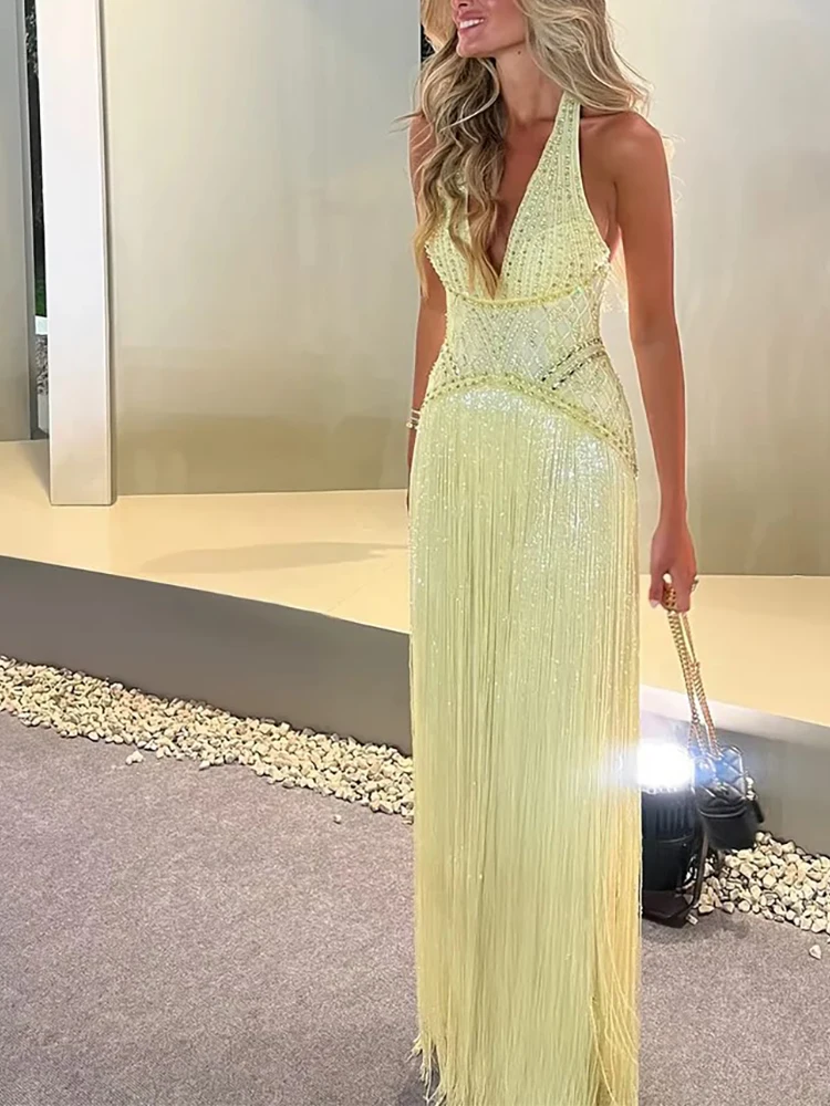 Sexy rugloze jurken met pailletten, 2026 elegante halterjurk zonder mouwen, lange jurk, modieus met kwastjes, taille-aansluitend, feestjurk