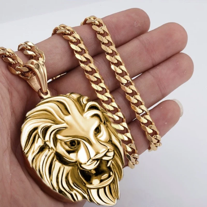 Fashion Lion Head Necklace Animal Lion Statue Pendant Hip Hop Punk Necklaces for Men Animal Jewelry Personality Anniversary Gift