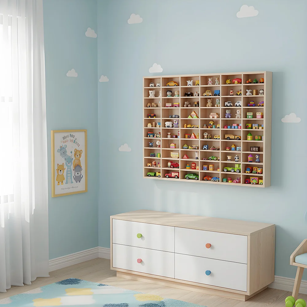 60-Fächer Naturholz-Displayregal für 1:64 Modellautos Wandmontage-Organizer mit Haken und weißen Nägeln Offene Aufbewahrungsbox für Sammlerstücke